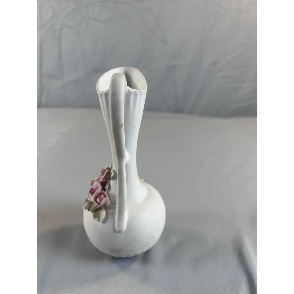 Vintage Porcelain Pitcher Vase Pink‎ Roses Floral Ewer White Ceramic 7